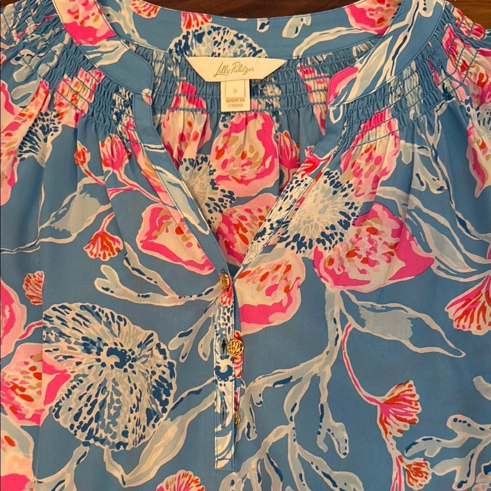 Lilly Pulitzer Elsa Silk Blue and Pink Floral Blouse - Picture 3 of 3